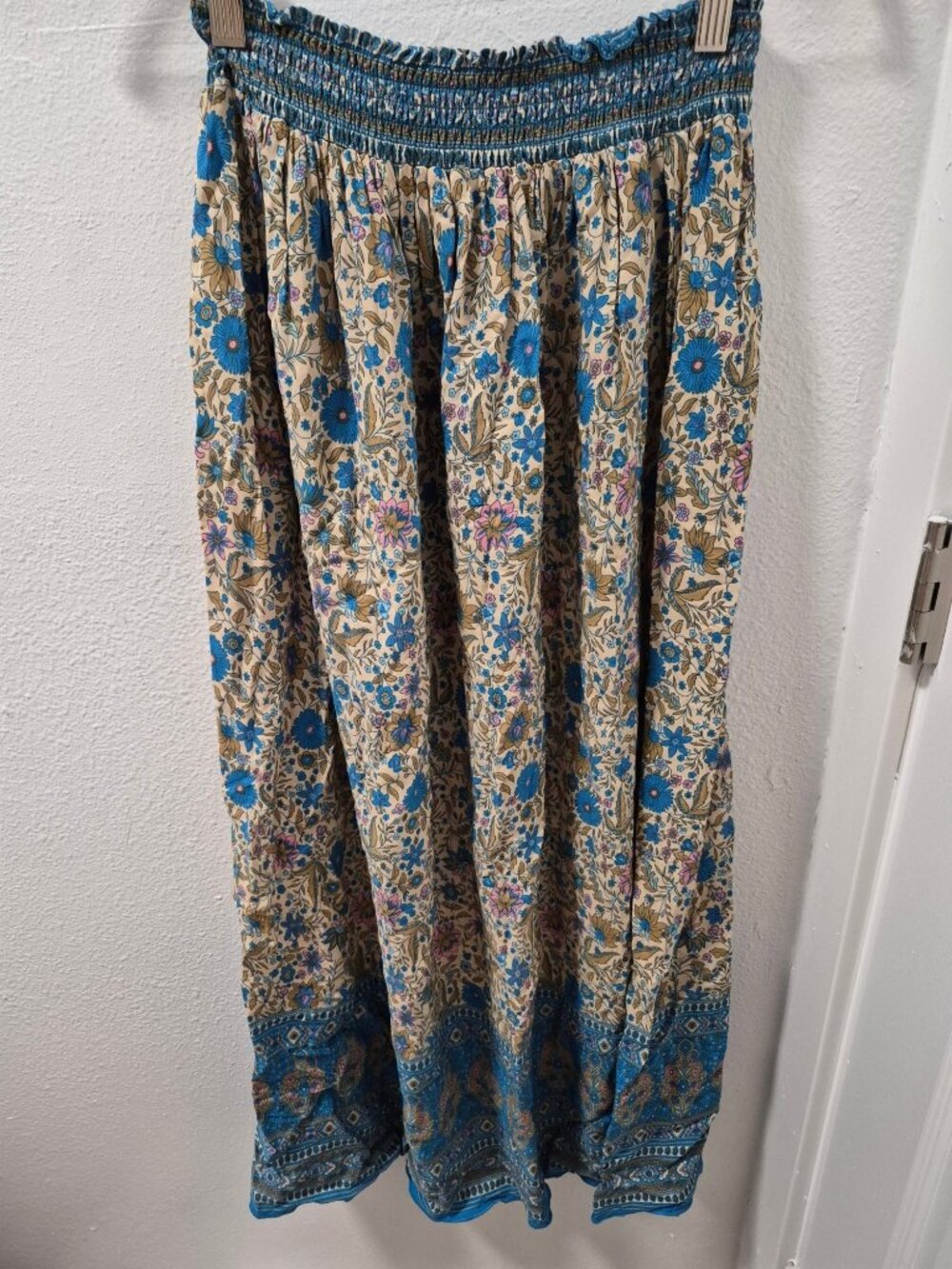 Natural Life Womens Boho Floral Print Smocked Waist Midi Skirt M Blue Beige